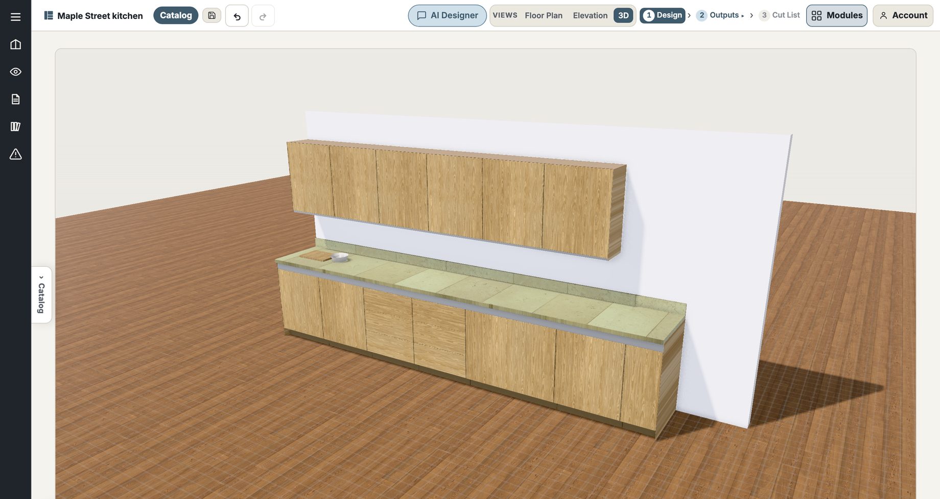 The same kitchen wall in the Designer's 3D view, showing oak fronts, a stone countertop and the Gola channel running under the counter edge.