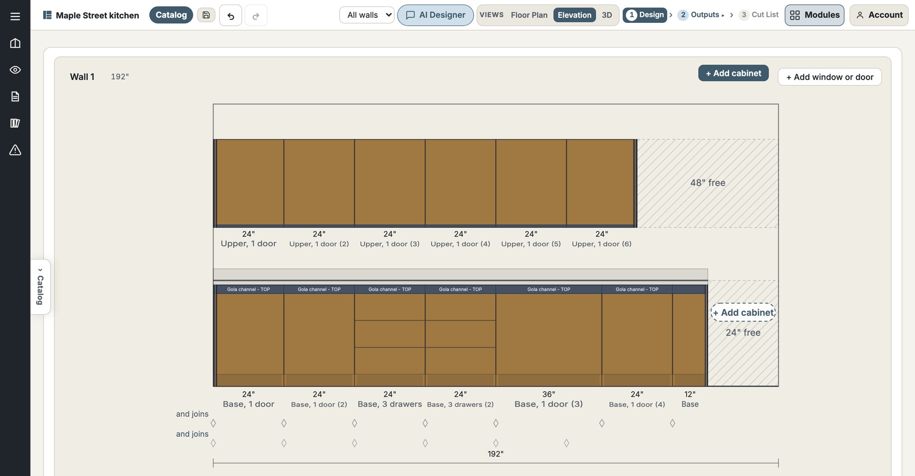A wall elevation in the CabDesign Designer. A 192 inch wall carries six 24 inch wall cabinets above seven base cabinets, two of them three-drawer banks, and every cabinet is labelled with its own width and its Gola channel.